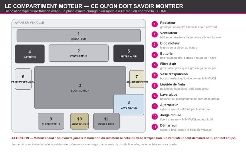 Compartiment moteur ouvert, organes visibles